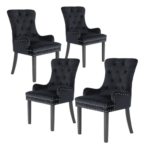 La Bella 4 Set Black French Provincial Dining Chair Ring Studded Lisse Velvet Rubberwood - ozily