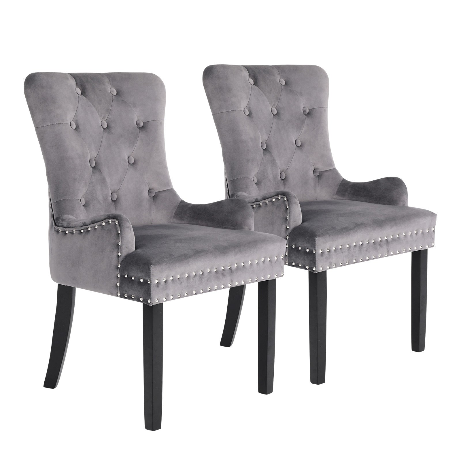 La Bella 2 Set Grey French Provincial Dining Chair Ring Studded Lisse Velvet Rubberwood - ozily