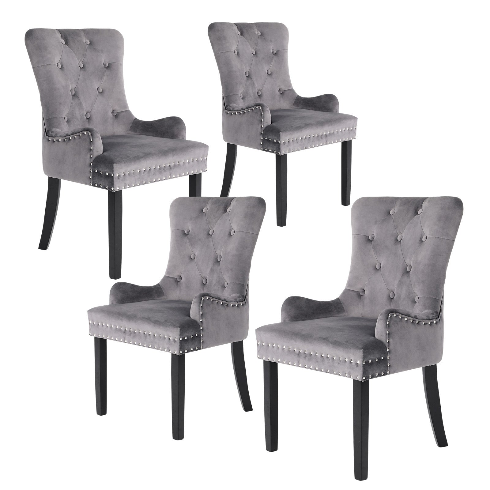 La Bella 4 Set Grey French Provincial Dining Chair Ring Studded Lisse Velvet Rubberwood - ozily