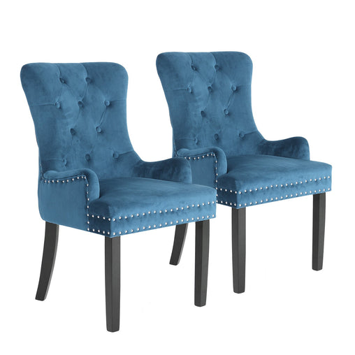 La Bella 2 Set Navy Blue French Provincial Dining Chair Ring Studded Lisse Velvet Rubberwood - ozily
