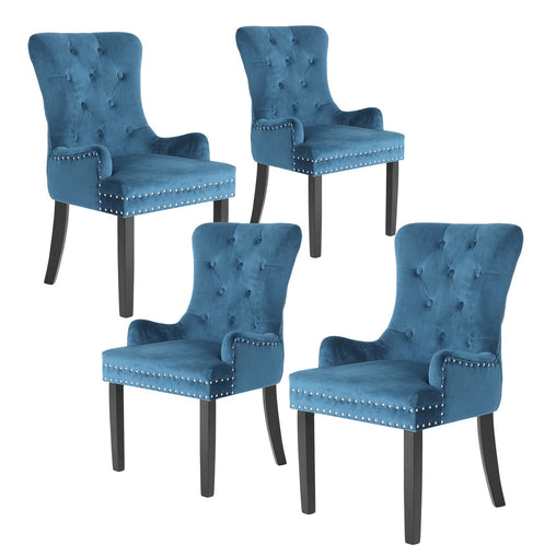 La Bella 4 Set Navy Blue French Provincial Dining Chair Ring Studded Lisse Velvet Rubberwood - ozily