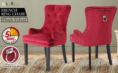 La Bella Bordeaux Red French Provincial Dining Chair Ring Studded Lisse Velvet Rubberwood - ozily