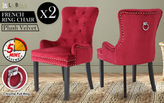 La Bella 2 Set Bordeaux Red French Provincial Dining Chair Ring Studded Lisse Velvet Rubberwood - ozily