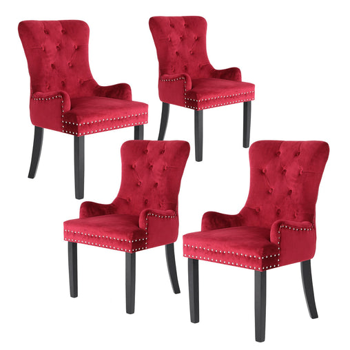La Bella 4 Set Bordeaux Red French Provincial Dining Chair Ring Studded Lisse Velvet Rubberwood - ozily