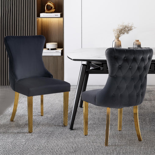 Paris Black Velvet  & Gold Polished Steel Upholstered Dining Chairs Tufted Back - Set of 2 - ozily