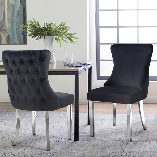 Paris Black Velvet  & Silver Polished Steel Upholstered Dining Chairs Tufted Back - Set of 2 - ozily