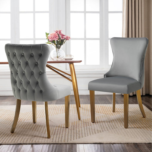 Paris Dark Grey Velvet  & Gold Polished Steel Upholstered Dining Chairs Tufted Back - Set of 2 - ozily