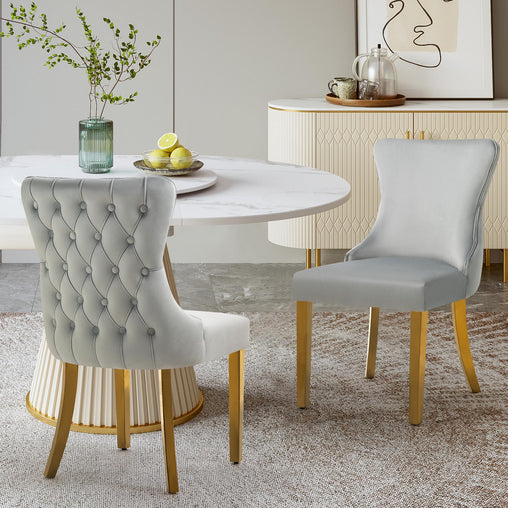 Set of 2 - Paris Light Grey Velvet  & Gold Polished Steel Upholstered Dining Chairs Tufted Back - ozily
