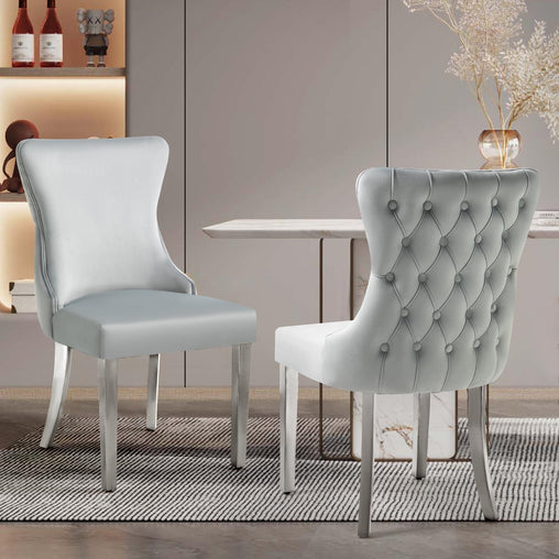 Set of 2 - Paris Light Grey Velvet  & Silver Polished Steel Upholstered Dining Chairs Tufted Back - ozily