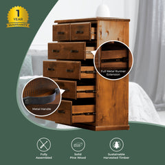 Umber Tallboy 6 Chest of Drawers Solid Pine Wood Storage Cabinet - Dark Brown - ozily