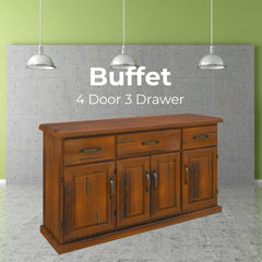 Umber Buffet Table 163cm 4 Door 3 Drawer Solid Pine Timber Wood - Dark Brown - ozily