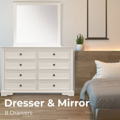Celosia Dresser Mirror 8 Chest of Drawers Bedroom Timber Storage Cabinet - White - ozily