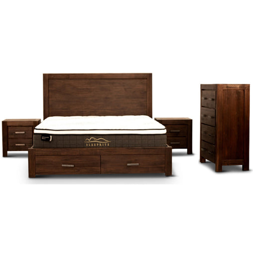 Comfortis 4pc King Bed Frame Suite Bedside Tallboy Furniture Package - Walnut - ozily
