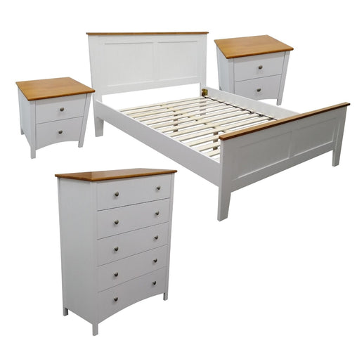 Lobelia 4pc Double Bed Suite Bedside Tallboy Bedroom Furniture Package - White - ozily