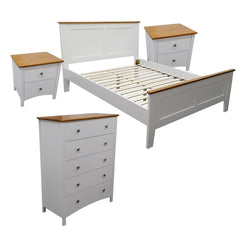 Lobelia 4pc Double Bed Suite Bedside Tallboy Bedroom Furniture Package - White - ozily