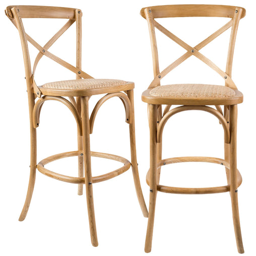Aster 2pc Crossback Bar Stools Dining Chair Solid Birch Timber Rattan Seat - Oak - ozily