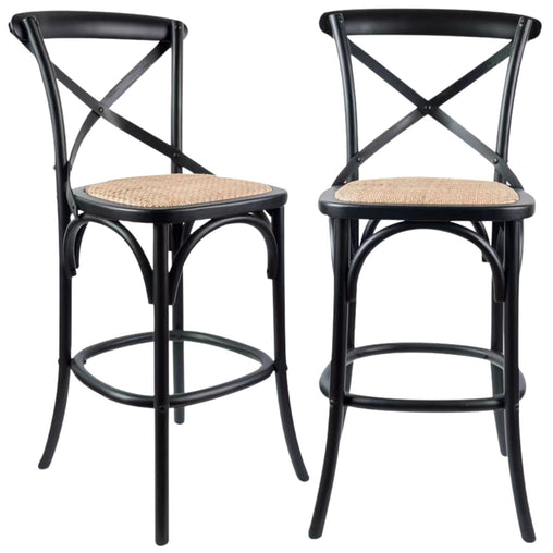 Aster 2pc Crossback Bar Stools Dining Chair Solid Birch Timber Rattan Seat Black - ozily