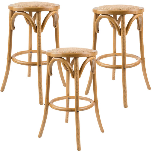 Aster 3pc Round Bar Stools Dining Stool Chair Solid Birch Wood Rattan Seat Oak - ozily