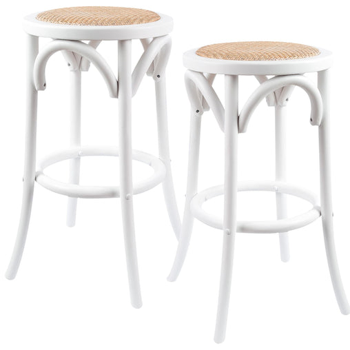 Aster 2pc Round Bar Stools Dining Stool Chair Solid Birch Wood Rattan Seat White - ozily