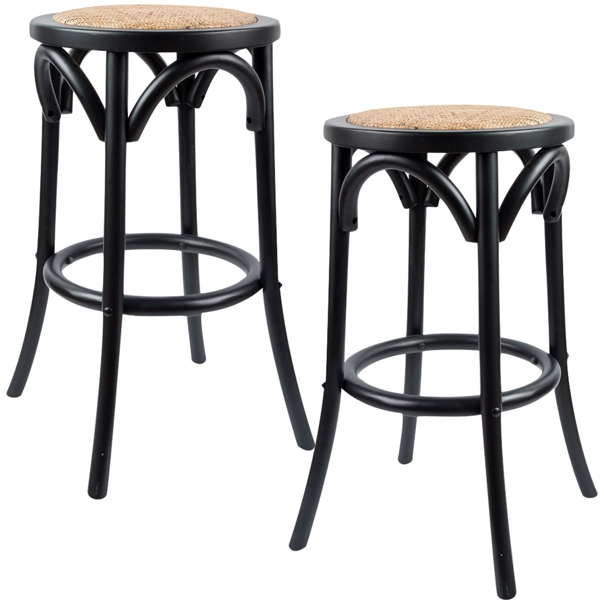 Aster 2pc Round Bar Stools Dining Stool Chair Solid Birch Wood Rattan Seat Black - ozily