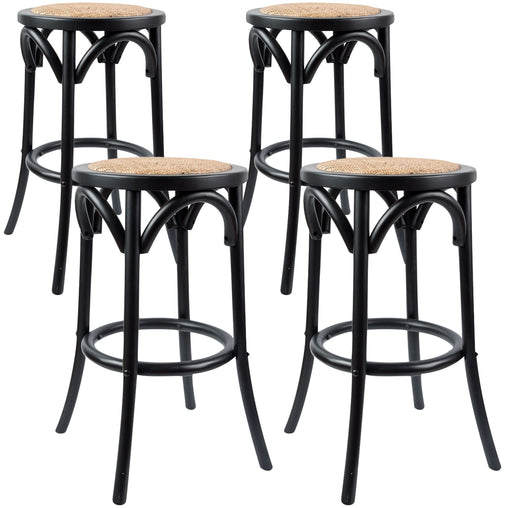 Aster 4pc Round Bar Stools Dining Stool Chair Solid Birch Wood Rattan Seat Black - ozily