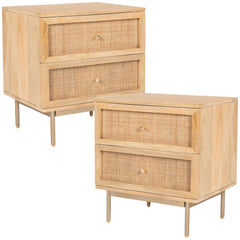 Martina Set of 2 Bedside Table 2 Drawer Storage Cabinet Solid Mango Wood Rattan - ozily