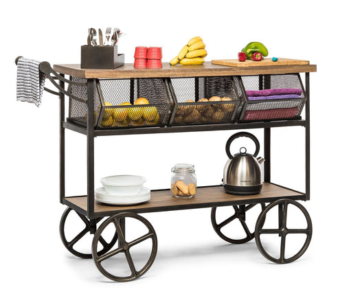 Retro Wooden Kitchen Island Trolley on Wheels with Storage Drawers - ozily