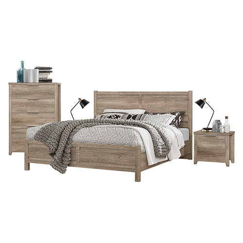 4 Pieces Bedroom Suite Natural Wood Like MDF Structure Double Size Oak Colour Bed, Bedside Table & Tallboy - ozily