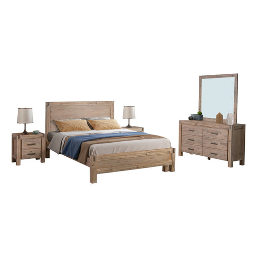 4 Pieces Bedroom Suite in Solid Wood Veneered Acacia Construction Timber Slat Queen Size Oak Colour Bed, Bedside Table & Dresser - ozily