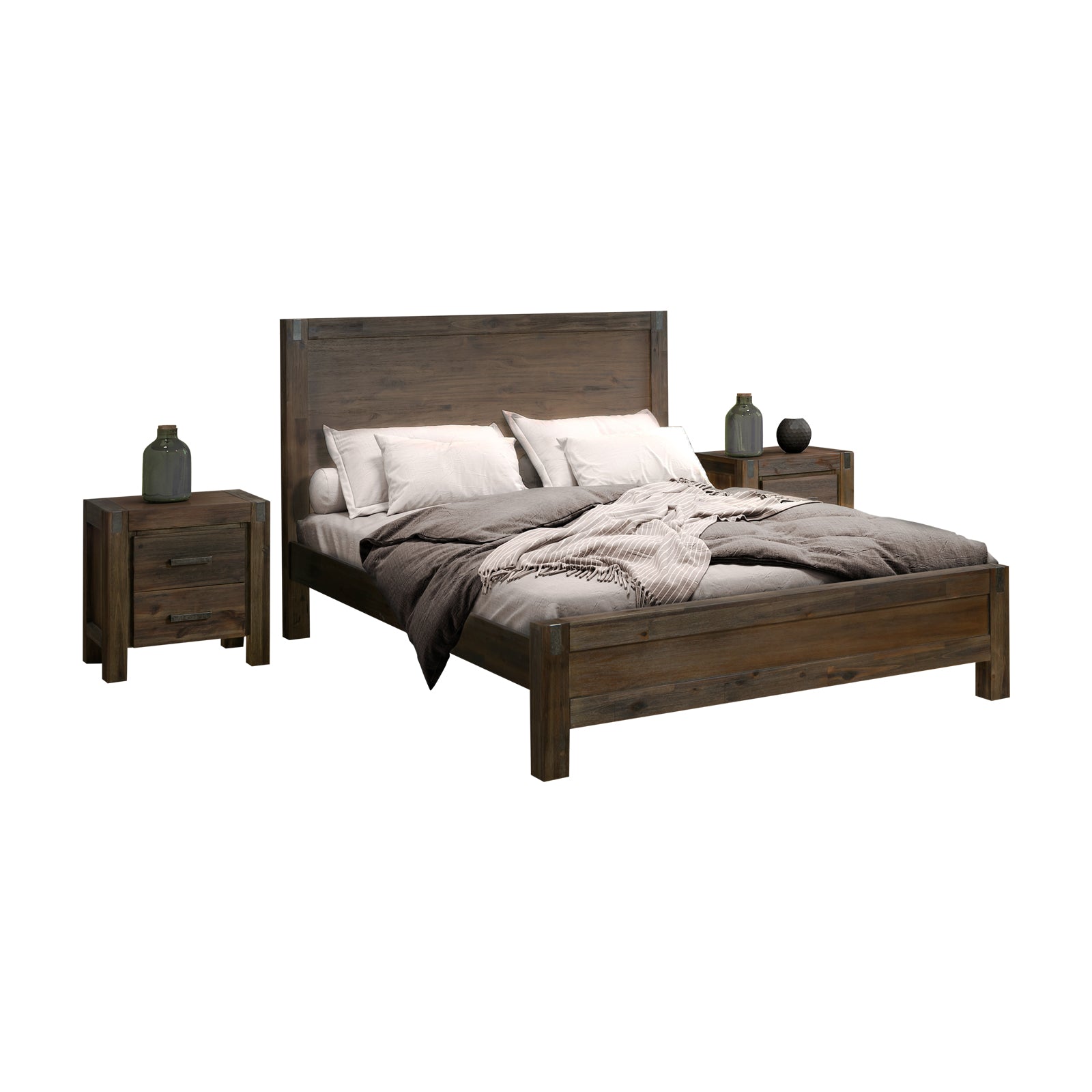 4 Pieces Bedroom Suite in Solid Wood Veneered Acacia Construction Timber Slat King Size Chocolate Colour Bed, Bedside Table & Dresser - ozily