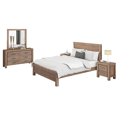 4 Pieces Bedroom Suite in Solid Wood Veneered Acacia Construction Timber Slat Double Size Oak Colour Bed, Bedside Table & Dresser - ozily