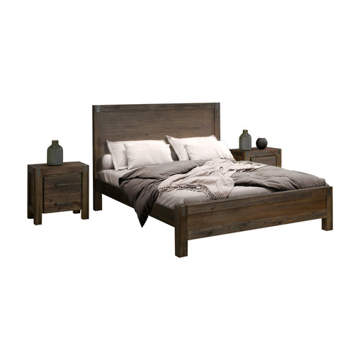 5 Pieces Bedroom Suite in Solid Wood Veneered Acacia Construction Timber Slat King Size Chocolate Colour Bed, Bedside Table , Tallboy & Dresser - ozily