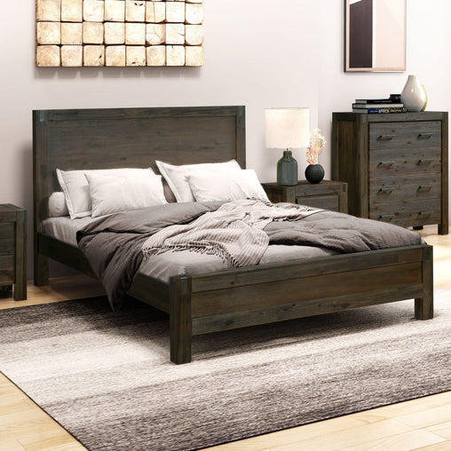 Bed Frame King Size in Solid Wood Veneered Acacia Bedroom Timber Slat in Chocolate - ozily