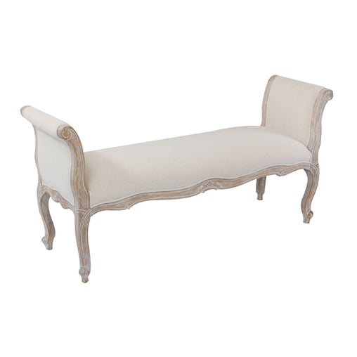 Oak Wood Linen Fabric Beige White Washed Finish Bench Chair - ozily