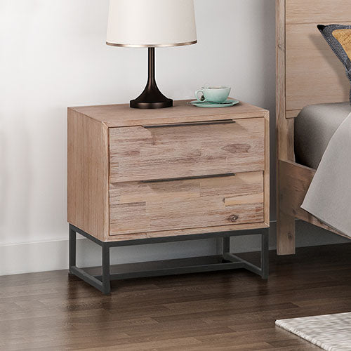Bedside Table 2 drawers Side Table Solid Acacia Wood Veneered in Tea Colour - ozily