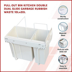 Pull Out Bin Kitchen Double Dual Slide Garbage Rubbish Waste 10L+20L - ozily