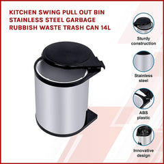 Kitchen Swing Pull Out Bin Stainless Steel Garbage Rubbish Waste Trash Can 14L - ozily