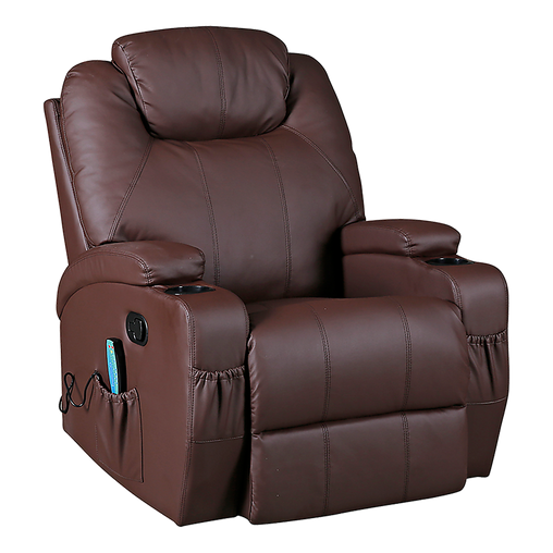 Brown Massage Sofa Chair Recliner 360 Degree Swivel PU Leather Lounge 8 Point Heated - ozily