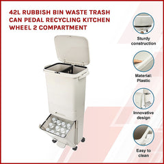 42L Rubbish Bin Waste Trash Can Pedal Recycling Kitchen Wheel 2 Compartment - ozily