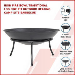 Iron Fire Bowl Traditional Log Fire Pit Outdoor Heating Camp Site Barbecue - ozily