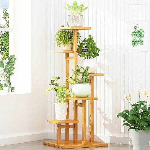 5 Tiers Vertical Bamboo Plant Stand Staged Flower Shelf Rack Outdoor Garden - ozily
