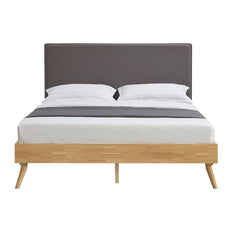 Natural Oak Ensemble Bed Frame Wooden Slat Fabric Headboard Queen - ozily