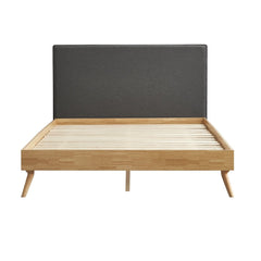 Natural Oak Ensemble Bed Frame Wooden Slat Fabric Headboard Queen - ozily