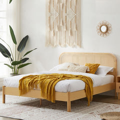 Lulu Bed Frame with Curved Rattan Bedhead - Queen - ozily