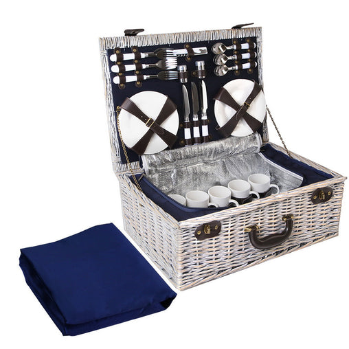Alfresco 6-Person Picnic Basket Cooler Bag Wicker PU Fastening Straps Plates - ozily