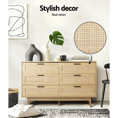 Artiss 6 Chest of Drawers Rattan Tallboy Cabinet Bedroom Clothes Storage Wood - ozily