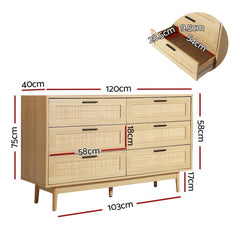 Artiss 6 Chest of Drawers Rattan Tallboy Cabinet Bedroom Clothes Storage Wood - ozily