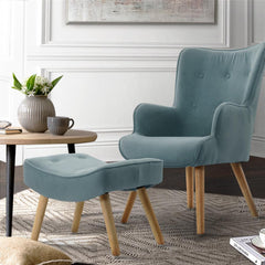 Artiss Armchair Lounge Chair Ottoman Accent Armchairs Sofa Fabric Chairs Blue - ozily