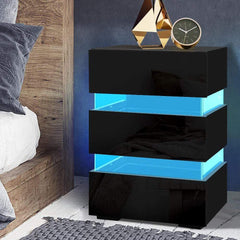 Artiss Bedside Table Side Unit RGB LED Lamp 3 Drawers Nightstand Gloss - ozily