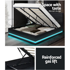 Artiss Lumi LED Bed Frame PU Leather Gas Lift Storage - Black King - ozily